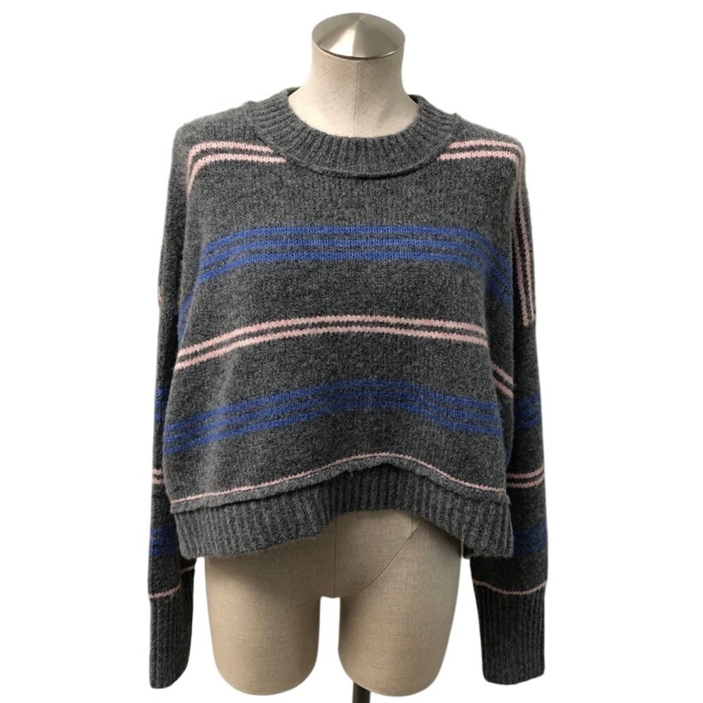 Self Contrast Sweater Womens Medium Gray Pink Blue Striped Cropped Boxy Moders